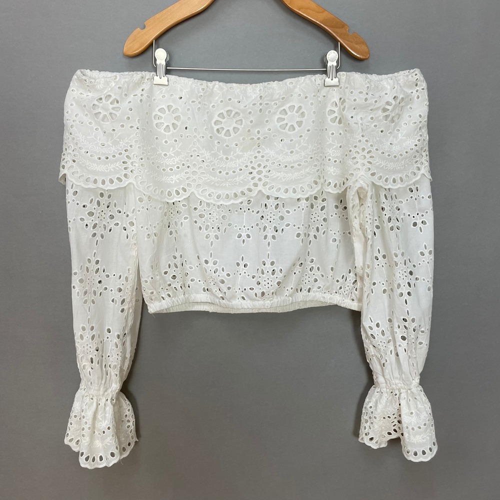 Corset Story Off Shoulder Eyelet Crop Top Women Size 14 White Ruffle Boho Blouse